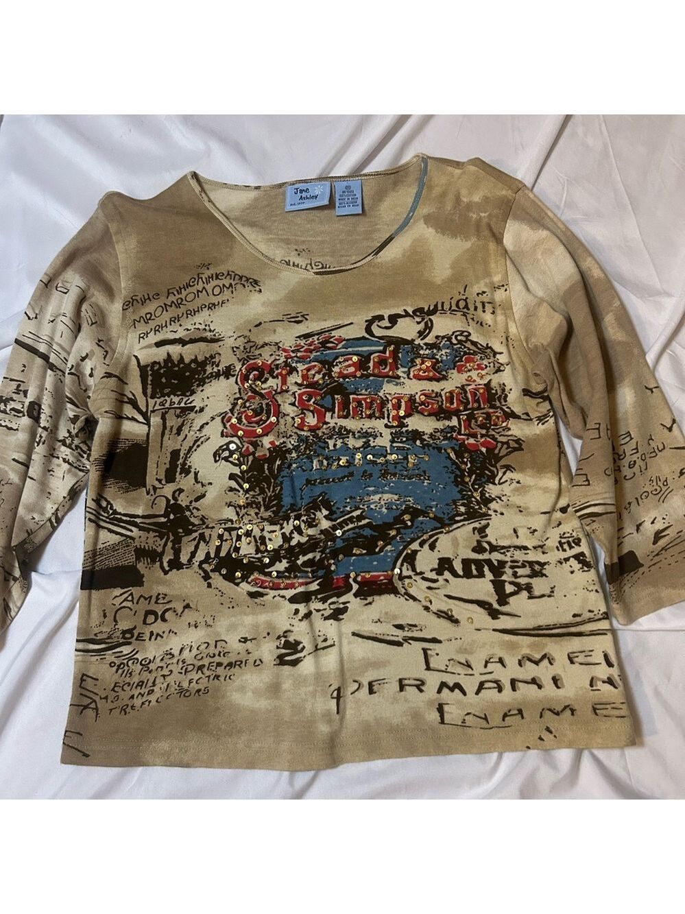 Jane Ashley Shirt Womens M Brown Sequin Accent Printed Word Art Scoop Neck